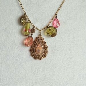 🌸 Hand Blown Art Glass Elegant Gold Tone Pendant Necklace by Cookie Lee